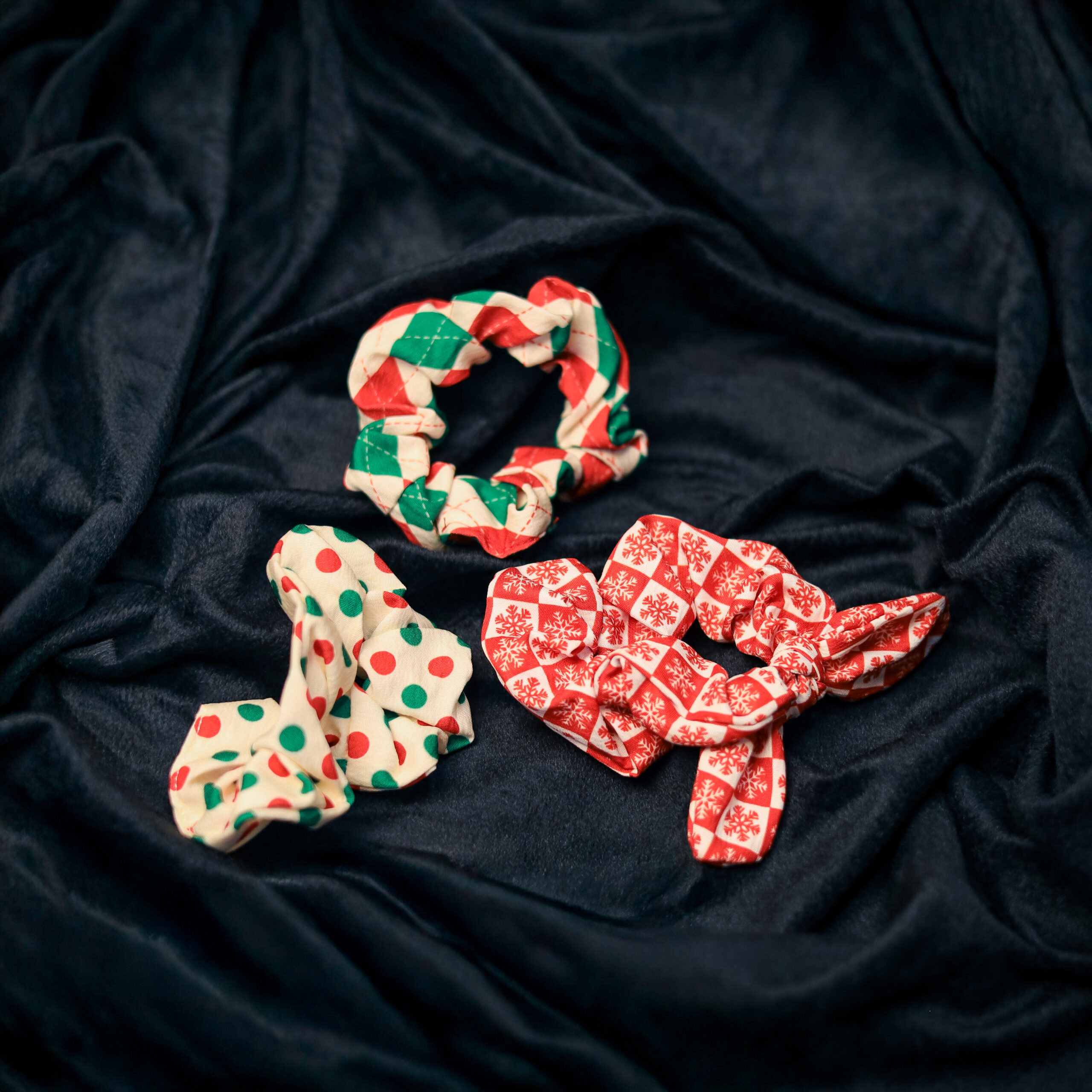 Red & Green Block, Red & White Snowflake, Red & Green Polka Dot Scrunchies