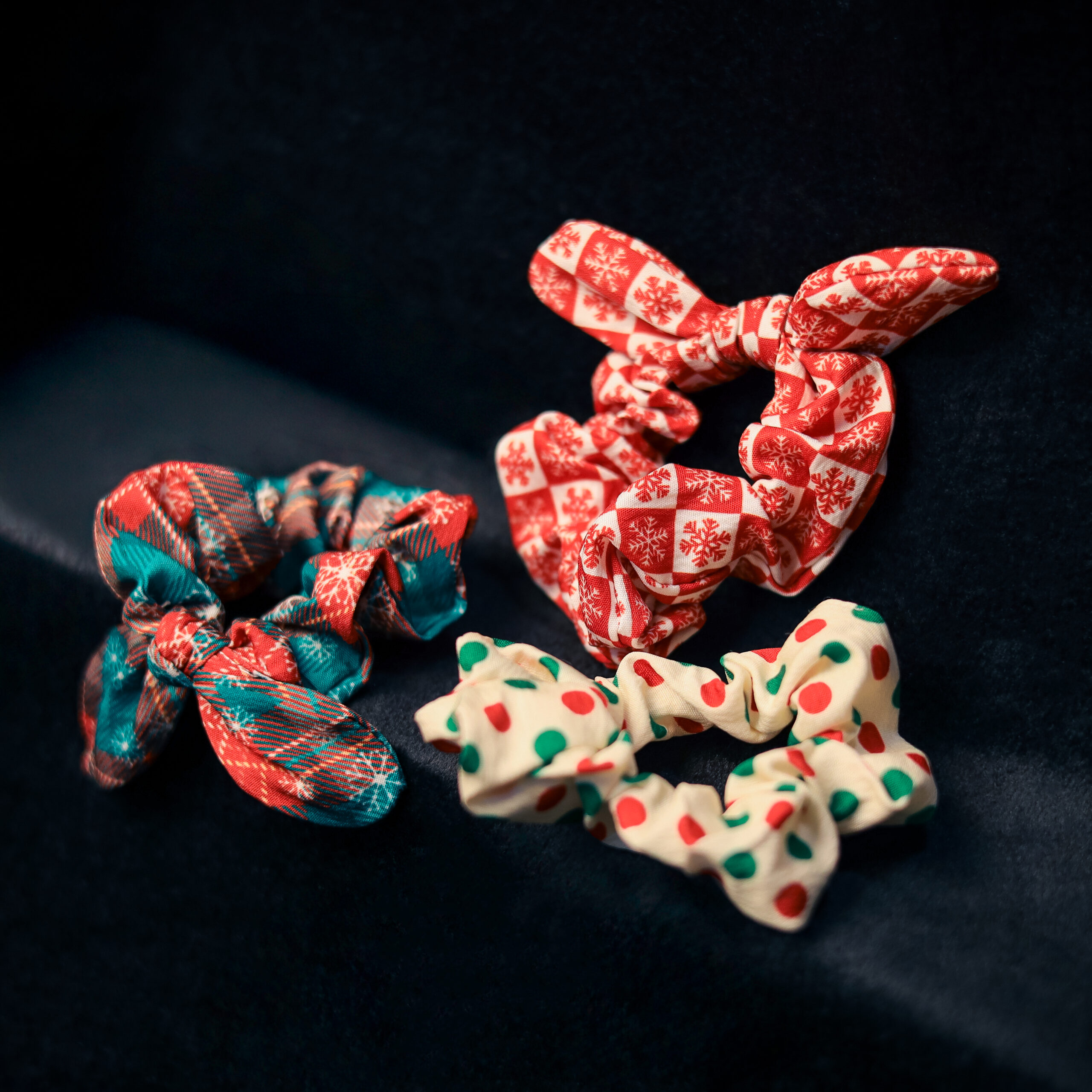Red & White Snowflake, Red & Green Polka Dot, Teal Tartan Plaid Scrunchies