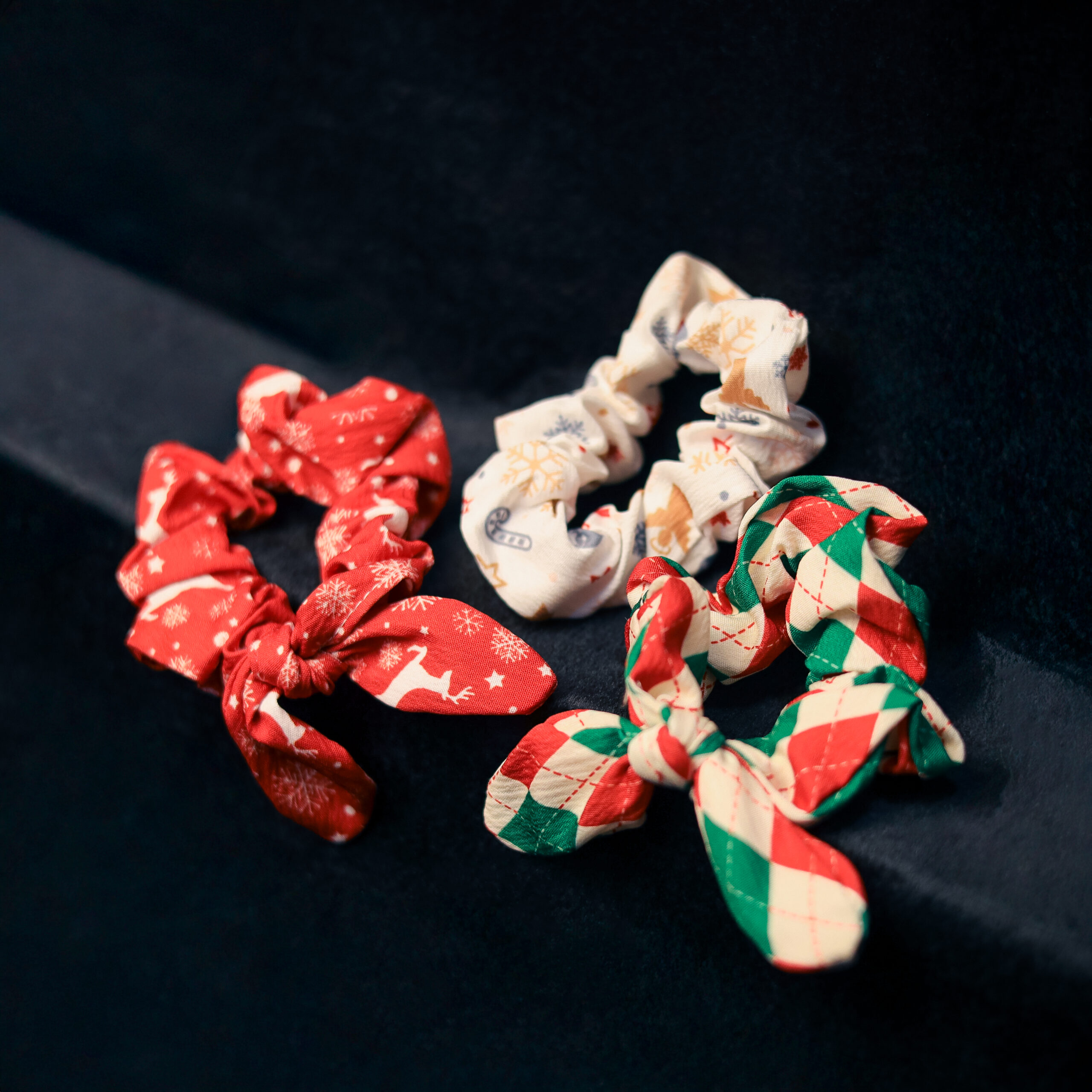 White Reindeer, Gingerbread, Red & Green Block Scrunchies.