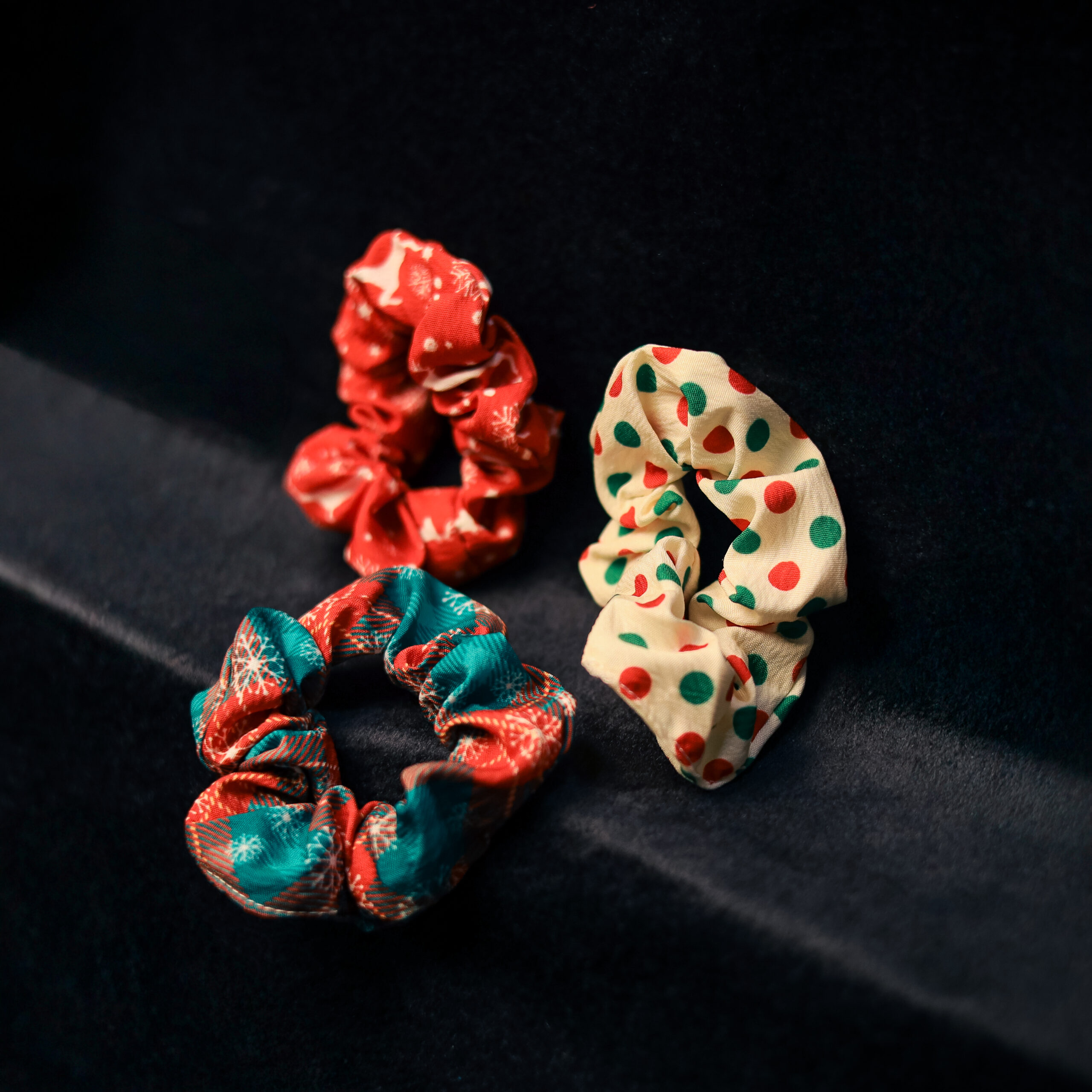 Teal Tartan Plaid, Red & Green Polka Dot, White Reindeer Scrunchies