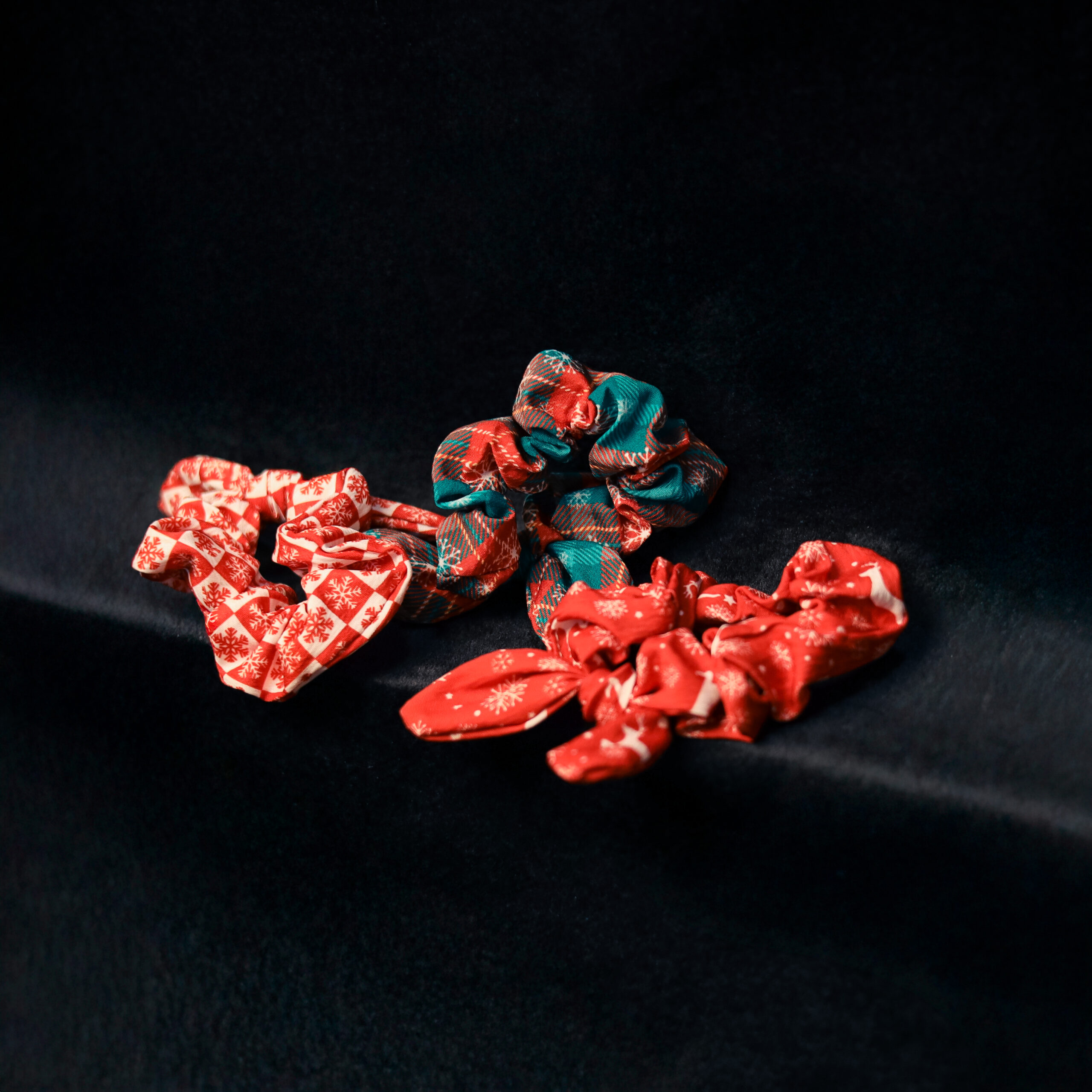 Red & White Snowflake, Teal Tartan Plaid, White Reindeer Scrunchies